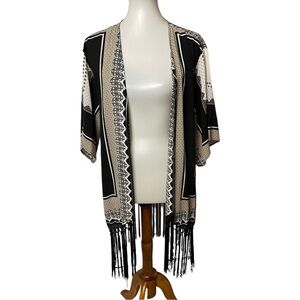 Black, Tan, and White Duster / Cover Up with Black Fringe Size M